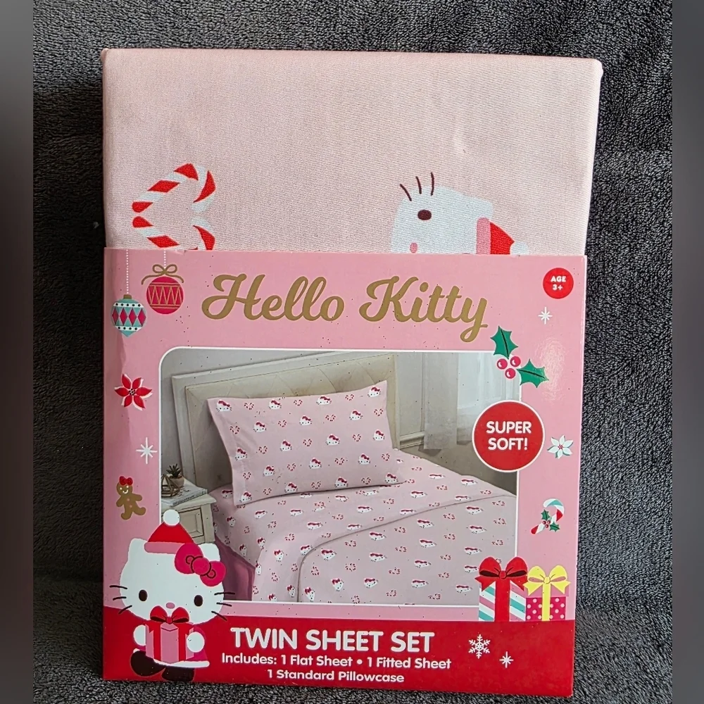 New pink Hello Kitty Twin Sheet Set Christmas candy cane Valentine's heart print